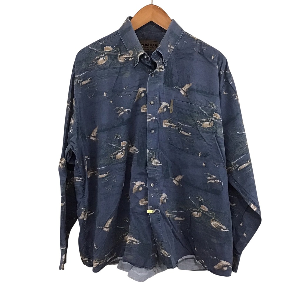 Magellan Sportswear Mens XXL Mallard Duck Print Button Down Shirt Blue Cotton